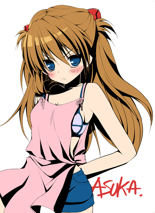 kino konomi, konomi (kino konomi), souryuu asuka langley, evangelion: 2.0 you can (not) advance, gainax, neon genesis evangelion, rebuild of evangelion, bad id, bad pixiv id, 00s, 1girl, angry, apron, arms behind back, bare shoulders, blue eyes, blue shorts, blush, bra, female focus, lingerie, long hair, red hair, shorts, simple background, solo, underwear