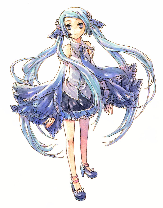 a-gatha, hatsune miku, vocaloid, bad id, bad pixiv id, traditional media, 1girl, aqua hair, blue eyes, blue hair, detached sleeves, female focus, full body, hair ribbon, high heels, long hair, matching hair/eyes, necktie, ribbon, shoes, simple background, skirt, solo, twintails, very long hair, white background
