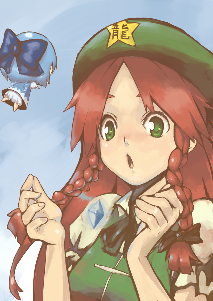 tekorun, cirno, hong meiling, embodiment of scarlet devil, touhou, bad id, bad pixiv id, 2girls, blue hair, braid, chibi, green eyes, hat, long hair, mini person, minigirl, multiple girls, red hair, short hair, twin braids, wings