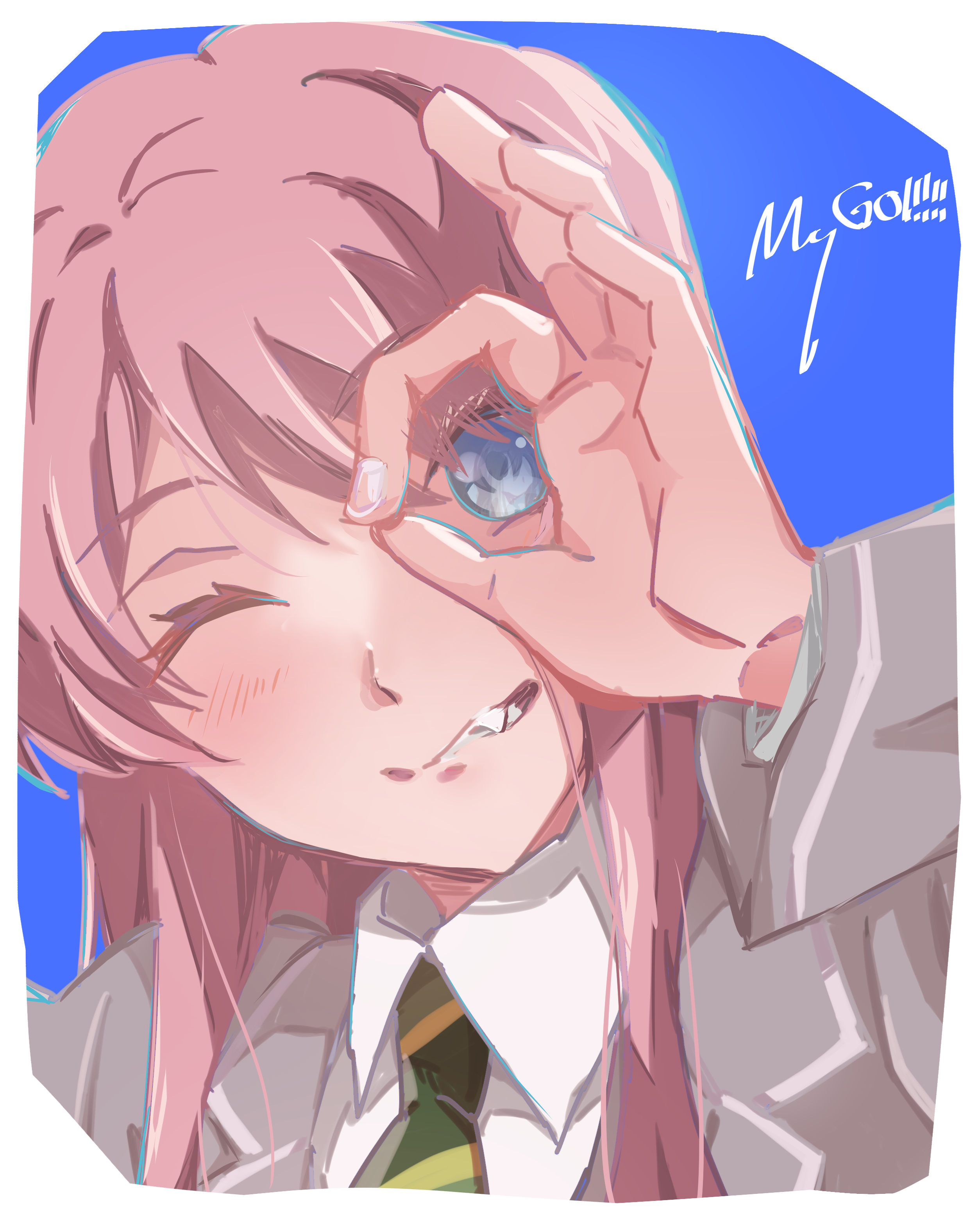 chihaya anon, bang dream!, bang dream! it's mygo!!!!!, absurdres, commentary request, highres, 1girl, animal ears, blush, border, fang, grey eyes, grey jacket, haneoka school uniform, jacket, karakuzu mygo, long hair, looking at viewer, looking through fingers, outside border, pink hair, portrait, school uniform, solo, white border