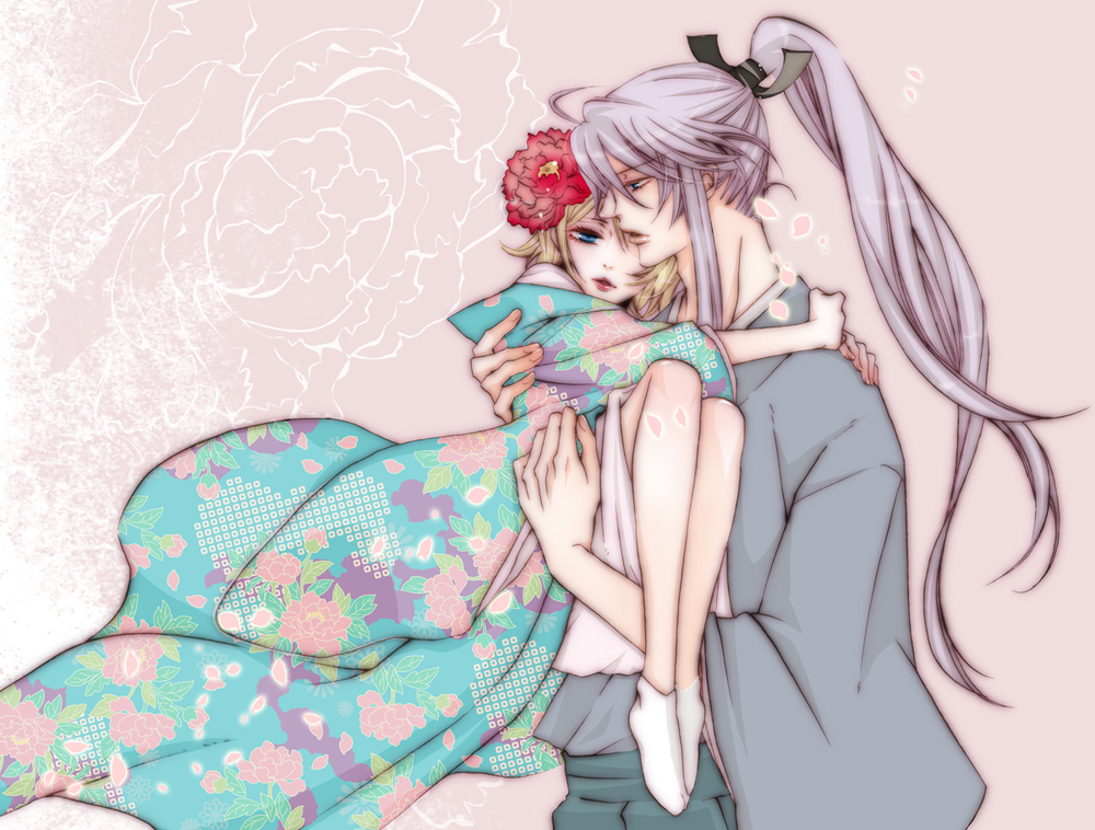 hatoya yukari, toriya, kagamine rin, kamui gakupo, iroha uta (vocaloid), vocaloid, bad id, bad pixiv id, 1boy, 1girl, ||/, age difference, blonde hair, blue eyes, carrying, flower, hair ribbon, holding, hug, japanese clothes, kimono, long hair, ponytail, purple hair, ribbon, short hair, tabi