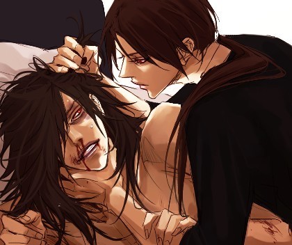 lily (artist), uchiha itachi, uchiha madara, naruto (series), naruto shippuuden, domination, lowres, 2boys, akatsuki (naruto), blood, bruise, fighting, grabbing another's hair, holding another's hair, incest, injury, male focus, multiple boys, nail polish, nosebleed, strangling, yaoi