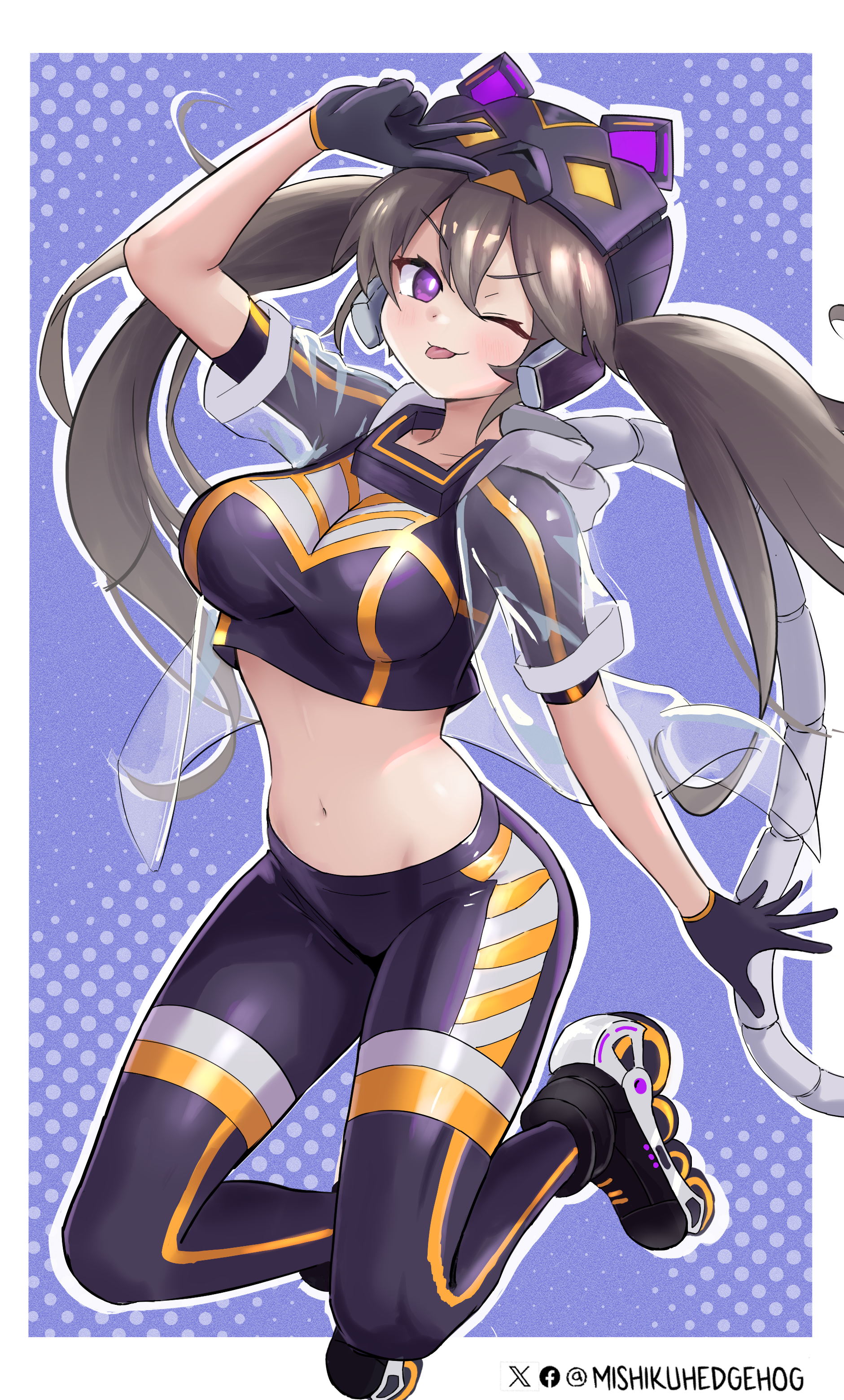 mishiku, i:p masquerena, yu-gi-oh!, absurdres, commentary, english commentary, highres, 1girl, arm up, black gloves, breasts, collarbone, crop top, duel monster, gloves, hair between eyes, headgear, long hair, looking at viewer, medium breasts, midriff, one eye closed, pants, purple eyes, purple pants, purple shirt, roller skates, see-through clothes, see-through shirt, shirt, short sleeves, skates, solo, tongue, tongue out, twintails, twitter username, v, very long hair