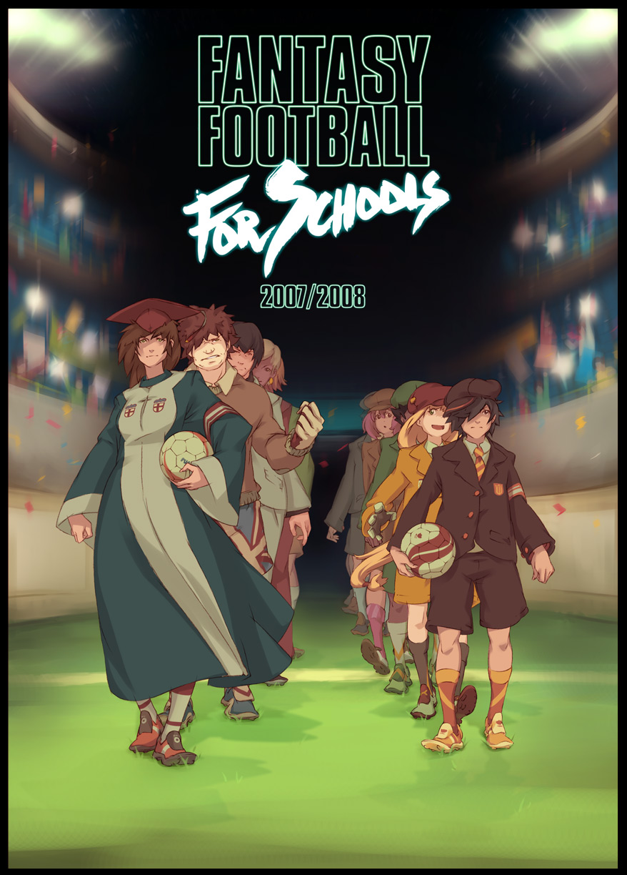 studio qube, highres, ball, beret, blonde hair, coat, gloves, hat, long hair, necktie, short hair, shorts, soccer, soccer ball, sweater