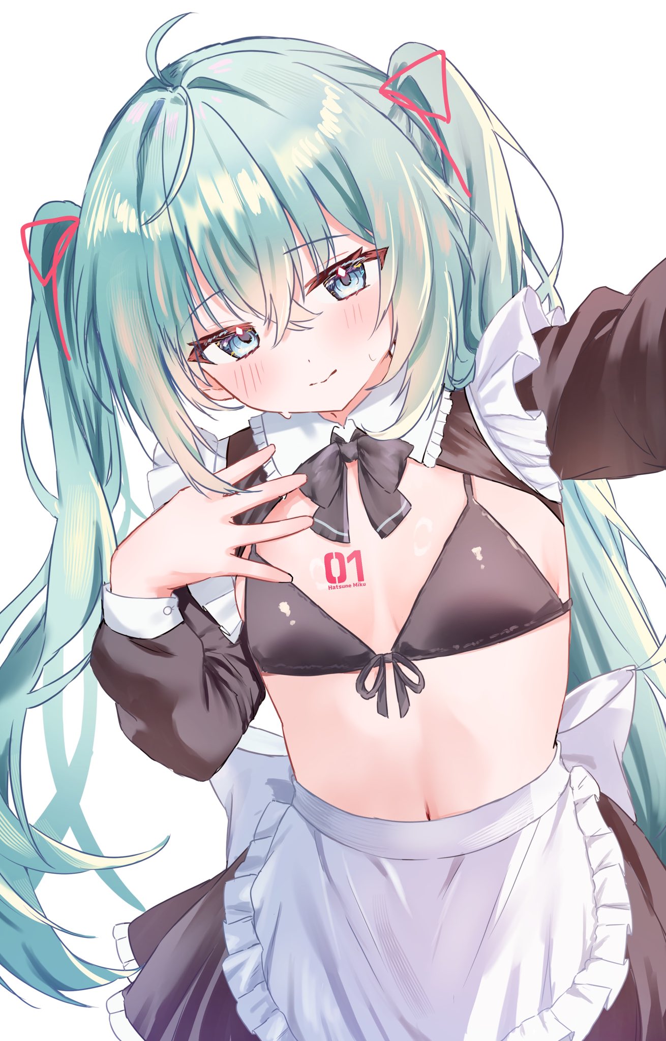 natukisigure, hatsune miku, vocaloid, commentary request, highres, 1girl, ahoge, alternate costume, apron, aqua eyes, aqua hair, arm out of frame, bikini, black bikini, black bow, black bowtie, black skirt, bow, bowtie, breast tattoo, breasts, double-parted bangs, hair between eyes, hair ribbon, hand on own chest, long hair, maid, maid apron, maid bikini, navel, number tattoo, pink ribbon, ribbon, shrug (clothing), skirt, small breasts, smile, stomach, sweatdrop, swimsuit, tattoo, twintails, unconventional maid, white apron, white background