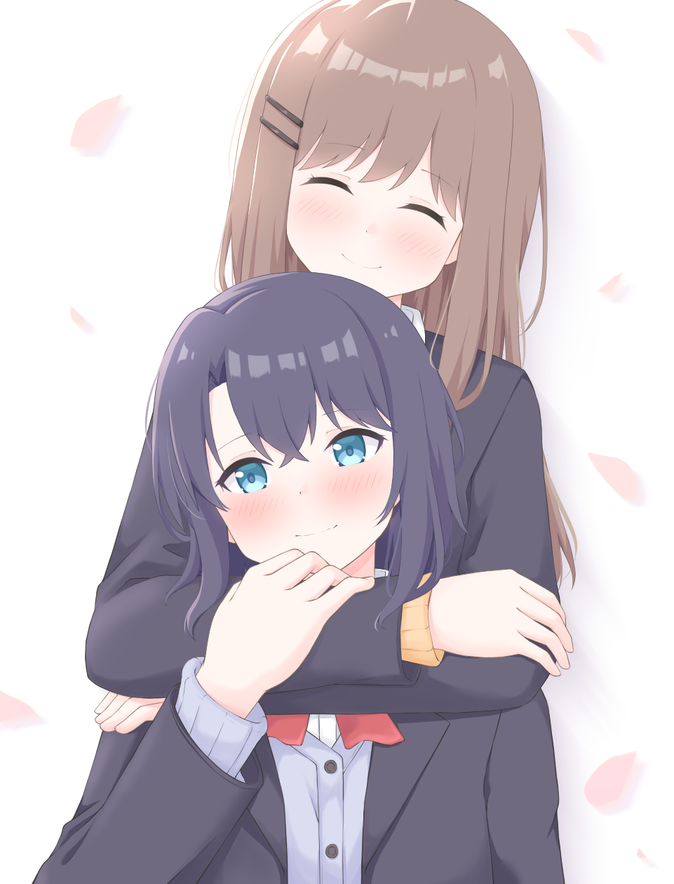 twinklemelon, adachi sakura, shimamura hougetsu, adachi to shimamura, commentary request, highres, 2girls, arms around neck, black hair, black jacket, blue eyes, blue sweater vest, blush, brown hair, closed eyes, closed mouth, falling petals, hug, hug from behind, jacket, long hair, medium hair, multiple girls, petals, school uniform, sweater vest, yuri