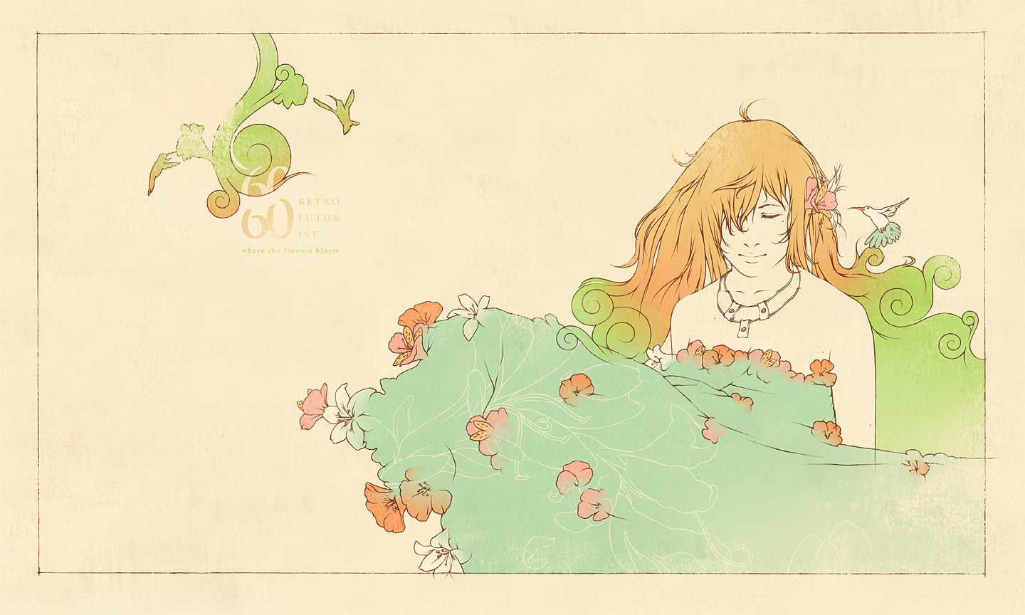 studio qube, original, 1girl, abstract, bird, border, brown hair, closed eyes, dress, female focus, flower, hair flower, hair ornament, hummingbird, jewelry, lily (flower), long hair, messy hair, mole, mole under eye, necklace, pale color, scenery, solo, standing, strapless, surreal