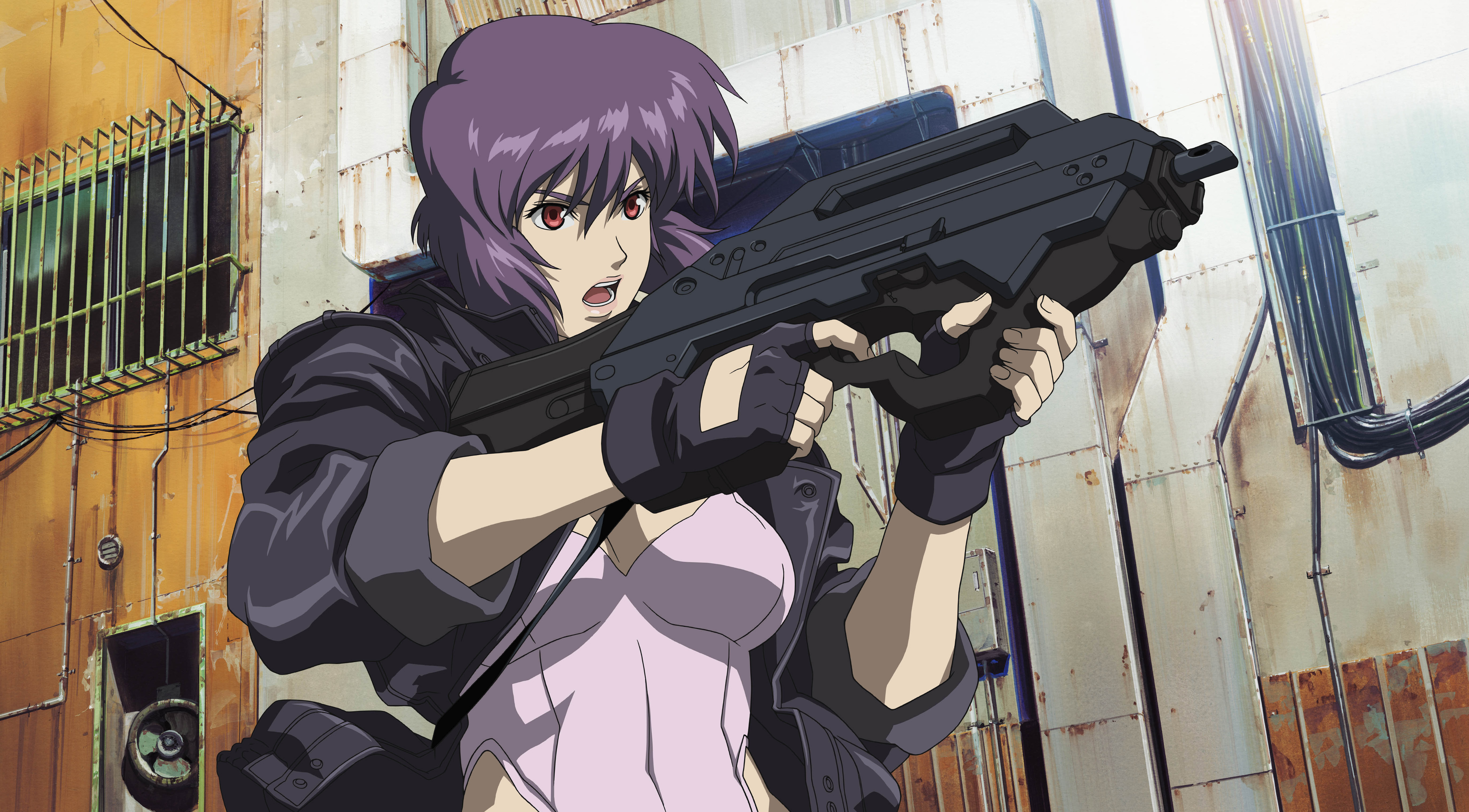 kusanagi motoko, ghost in the shell, ghost in the shell: stand alone complex, looking away, machine pistol, absurdres, highres, 00s, 1girl, breasts, building, bullpup, cable, cleavage, crop top, czn-m22, electric fan, female focus, fighting stance, fingerless gloves, gloves, gun, hair between eyes, hand fan, highleg, highleg leotard, holding, industrial pipe, jacket, large breasts, leather, leather jacket, leotard, midriff, navel, open clothes, open jacket, open mouth, outdoors, purple hair, red eyes, rifle, short hair, sleeves rolled up, solo, strap, submachine gun, upper body, weapon, window
