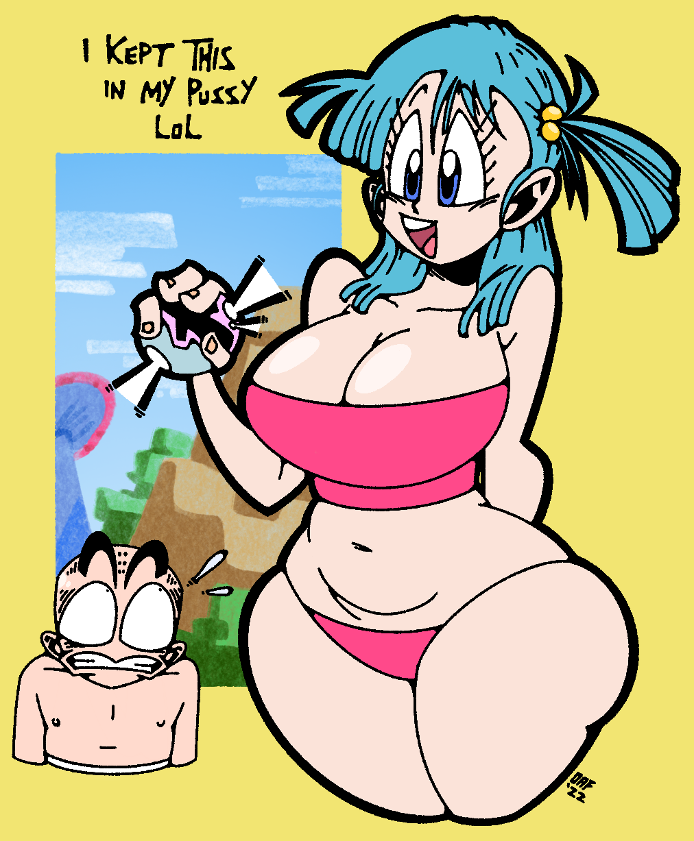 oaf art, bulma, kuririn, dragon ball, dragon ball (classic), alternate breast size, highres, 1boy, 1girl, alternate breast size (larger), bikini, bikini bottom only, breasts, curvy, english text, large breasts, looking at another, looking back, medium hair, one eye closed, red bikini, shell, shiny skin, side ponytail, smile, strapless, surprised, swimsuit, thong, thong bikini, tube top, wink, yellow background