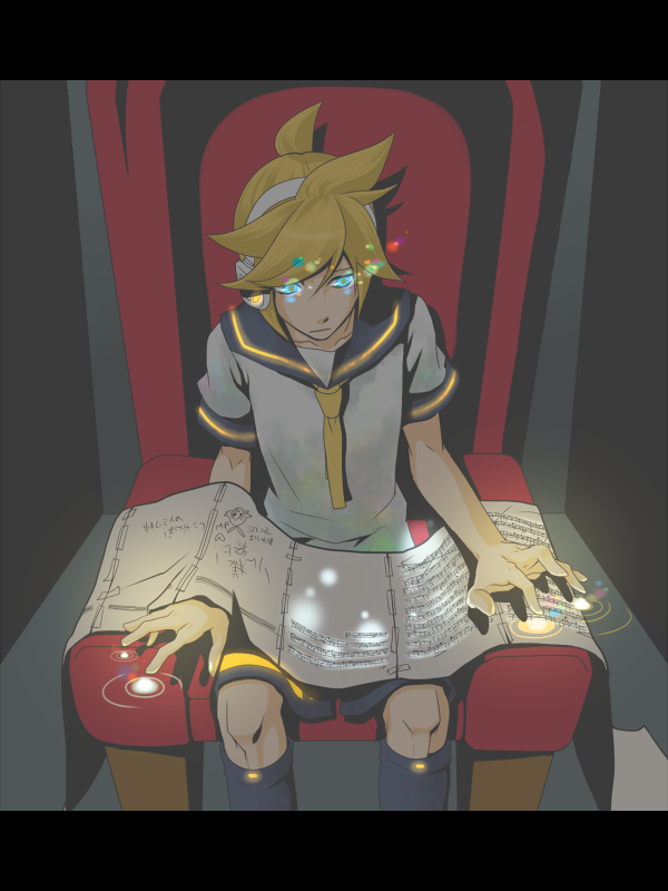 nisoushiki, uta (pixiv274942), kagamine len, vocaloid, bad id, bad pixiv id, 1boy, blonde hair, blue eyes, glowing, glowing eyes, headphones, letterboxed, male focus, necktie, sheet music, short hair, sitting, solo, yellow necktie