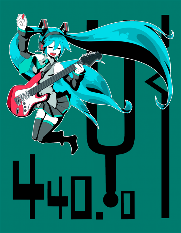 nisoushiki, uta (pixiv274942), hatsune miku, vocaloid, bad id, bad pixiv id, 1girl, aqua hair, closed eyes, detached sleeves, female focus, guitar, headphones, instrument, jumping, long hair, necktie, skirt, smile, solo, thighhighs, twintails, very long hair, zettai ryouiki