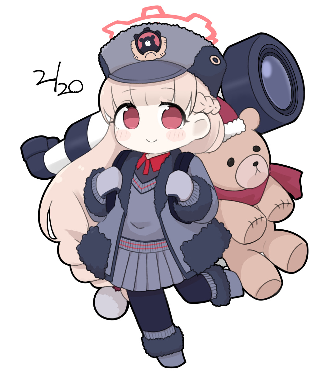 miranofuudoria, nodoka (blue archive), blue archive, commentary request, highres, 1girl, black hat, black pantyhose, black shirt, blush stickers, boots, braid, brown hair, chibi, closed mouth, collared shirt, full body, fur-trimmed boots, fur-trimmed headwear, fur-trimmed jacket, fur-trimmed sleeves, fur hat, fur trim, grey boots, grey jacket, grey mittens, grey skirt, grey sweater, halo, hat, jacket, long hair, looking at viewer, mittens, open clothes, open jacket, pantyhose, pleated skirt, polo shirt, red eyes, red hat, santa hat, shirt, simple background, skirt, smile, solo, standing, standing on one leg, stuffed animal, stuffed toy, sweater, teddy bear, telescope, very long hair, white background
