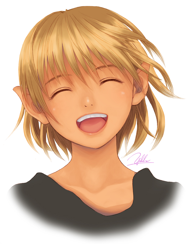 yukihiro, original, bad id, bad pixiv id, 1girl, blonde hair, closed eyes, female focus, happy, open mouth, pointy ears, short hair, signature, smile, solo, upper body, white background