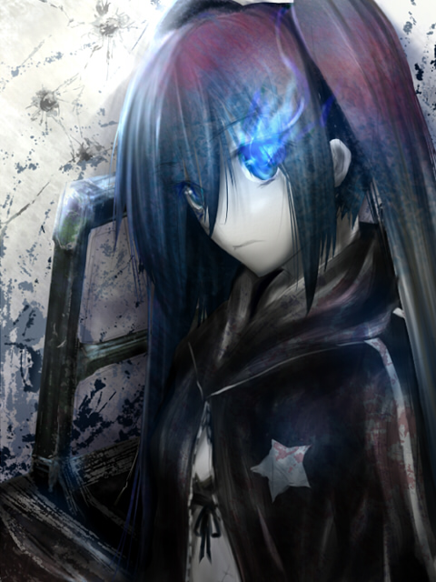 ken (fkenorat), ken (pixiv962017), black rock shooter (character), black rock shooter, wall, 10s, 1girl, bikini, bikini top only, black hair, blue eyes, female focus, glowing, glowing eyes, long hair, midriff, pale skin, scar, solo, star (symbol), swimsuit, twintails