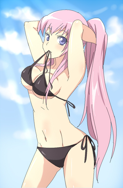 maruki (punchiki), megurine luka, vocaloid, bad id, bad pixiv id, 00s, 1girl, adjusting hair, armpits, arms up, bikini, bikini in mouth, black bikini, blue eyes, breasts, cleavage, clothes in mouth, day, female focus, long hair, medium breasts, mouth hold, navel, pink hair, ponytail, side-tie bikini bottom, solo, standing, swimsuit, underboob