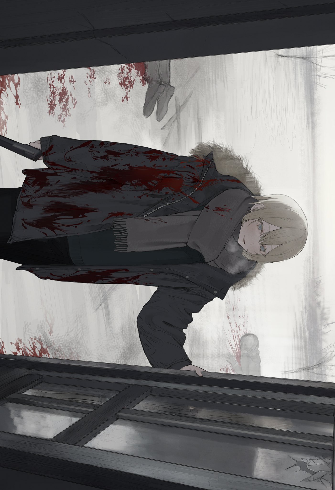 original, highres, 1boy, bare tree, black jacket, black pants, blonde hair, blood, blood on clothes, blue eyes, breath, broken glass, colored eyelashes, corpse, fog, fur-trimmed jacket, fur trim, glass, green shirt, grey scarf, gun, hair between eyes, handgun, holding, holding gun, holding weapon, hood, hooded jacket, jacket, lake, light blush, looking ahead, male focus, medium hair, open clothes, open jacket, open mouth, opening door, outdoors, pants, scarf, shirt, sidelocks, sideways, smile, solo, straight hair, toita ito, tree, weapon, winter, winter clothes