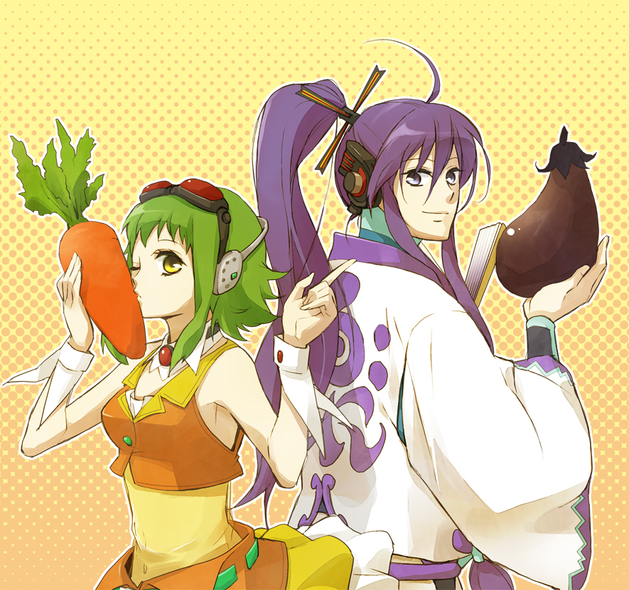 dorei k, gumi, kamui gakupo, vocaloid, bad id, bad pixiv id, belt, carrot, eggplant, goggles, green hair, hand fan, headphones, headset, long hair, midriff, ponytail, purple eyes, purple hair, short hair, smile, wing collar, wrist cuffs, yellow eyes