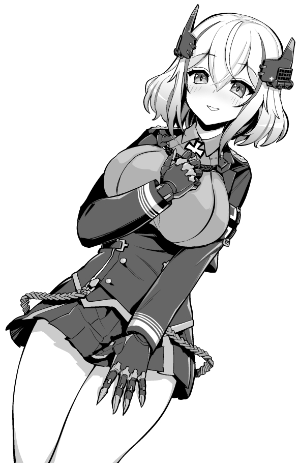 hori (hori no su), roon (azur lane), azur lane, azur lane: slow ahead, commentary, official art, 1girl, armband, blush, boots, breasts, buttons, chest strap, clawed gauntlets, collared shirt, cowboy shot, cropped jacket, cross, dress shirt, dutch angle, greyscale, hair between eyes, hand on own chest, hand on own thigh, high heel boots, high heels, horns, iron cross, jacket, large breasts, long sleeves, mechanical horns, miniskirt, monochrome, multicolored hair, open mouth, shirt, short hair, shoulder boards, simple background, skirt, smile, squatting, standing, streaked hair, thighs, underbust, white background