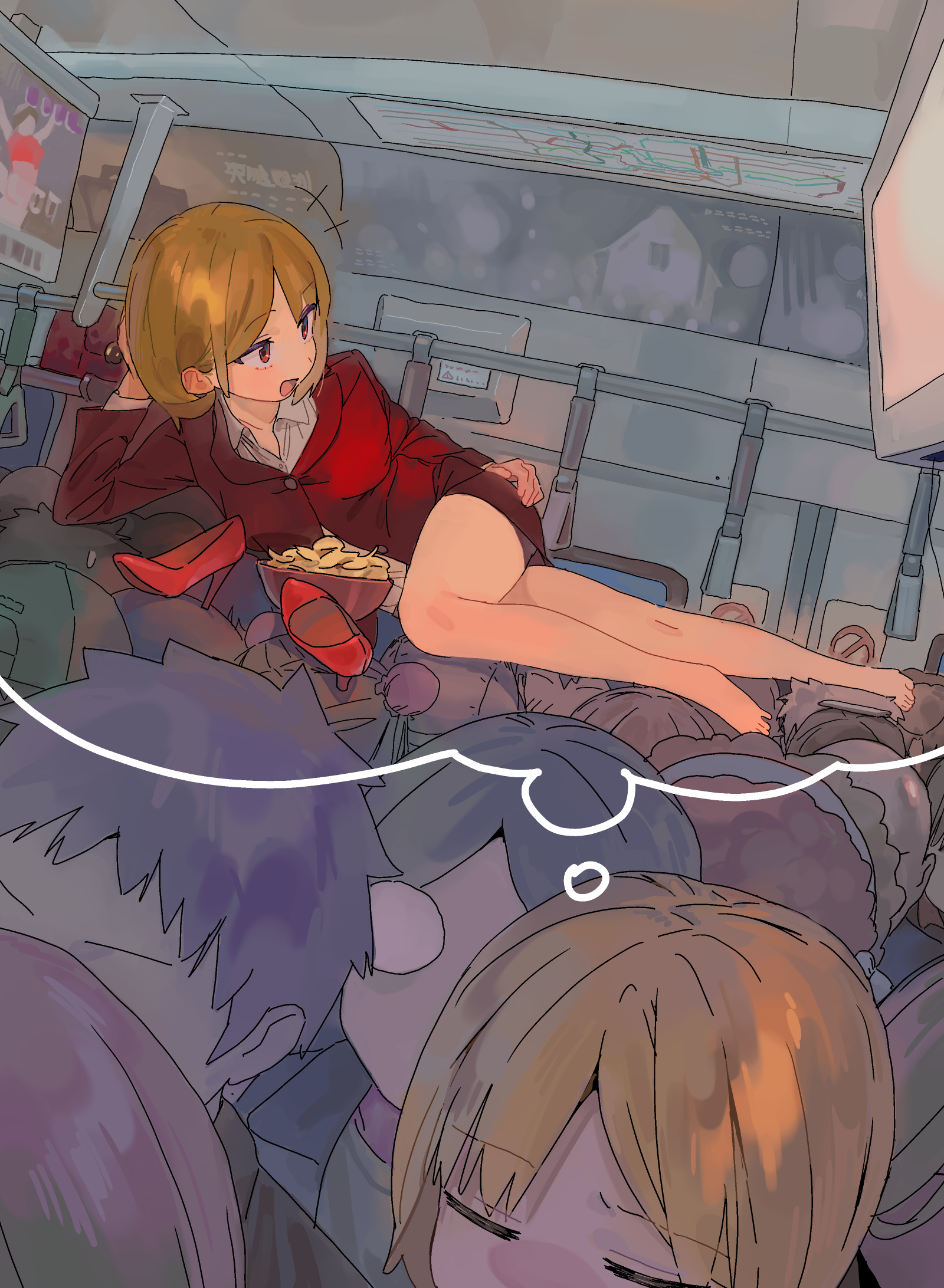 some1else45, sekoshi (some1else45), original, commentary, english commentary, highres, 1girl, bare legs, barefoot, brown eyes, chips (food), closed eyes, collared shirt, crowd, food, jacket, legs, lying, on side, open mouth, red eyes, red jacket, red shoes, shirt, shoes, solo focus, speech bubble, thought bubble, toes, train interior, unworn shoes, white shirt