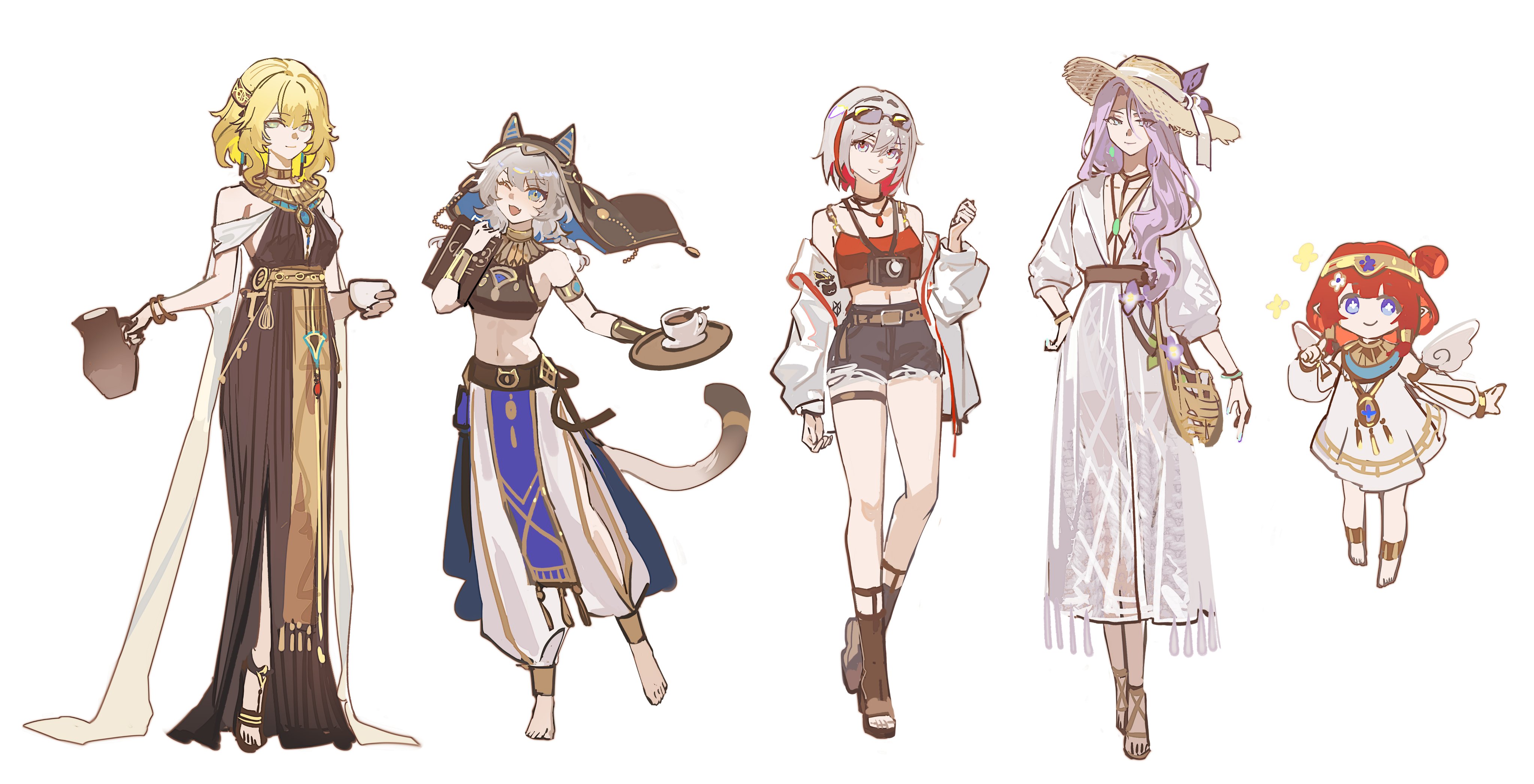 mento, aglaea (honkai: star rail), cipher (honkai: star rail), jade (honkai: star rail), topaz (honkai: star rail), tribbie (honkai: star rail), honkai: star rail, honkai (series), absurdres, highres, 5girls, barefoot, blonde hair, boots, cat girl, cat tail, closed mouth, dress, grey hair, hoyofair, jacket, long hair, long sleeves, looking at viewer, multicolored hair, multiple girls, one eye closed, open clothes, open jacket, open mouth, purple hair, red hair, sandals, short hair, simple background, standing, streaked hair, tail, white background, white dress