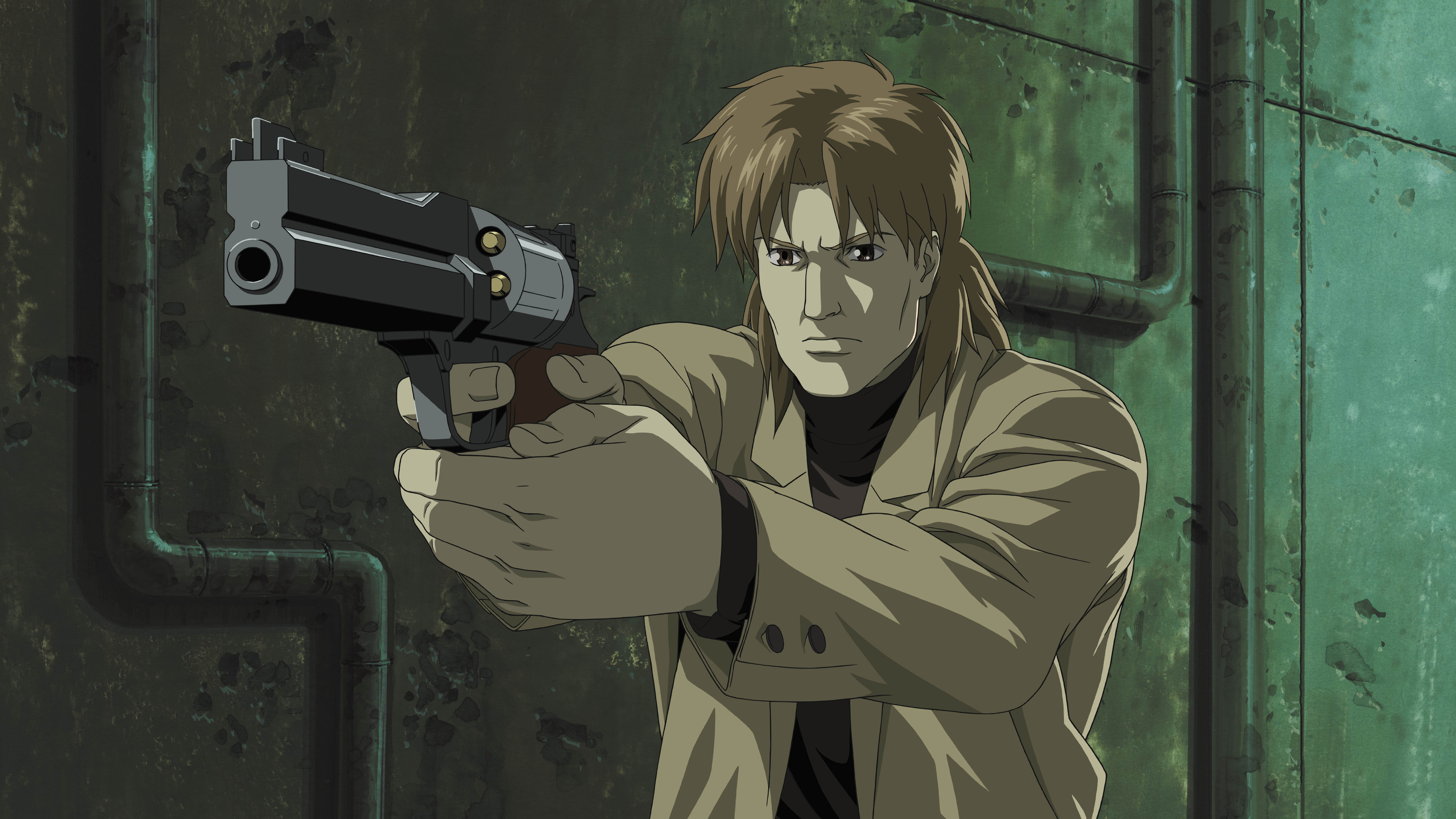 togusa (gits), ghost in the shell, ghost in the shell: stand alone complex, absurdres, anime screenshot, highres, 00s, 1boy, brown hair, coat, gun, handgun, low bore axis revolver, male focus, mateba 2008m, mateba autorevolver, mateba model 6 unica, mullet, revolver, semi-automatic revolver, solo, weapon
