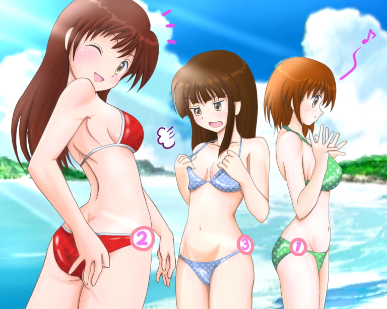 tsukino miyu, original, 3girls, ass, beach, bikini, breast envy, breasts, breasts apart, brown hair, checkered bikini, checkered clothes, cleavage, day, large breasts, long hair, looking at breasts, looking back, multiple girls, one eye closed, open mouth, orange hair, outdoors, plaid bikini, plaid clothes, polka dot, polka dot bikini, polka dot swimsuit, short hair, swimsuit, water, wink, yellow eyes