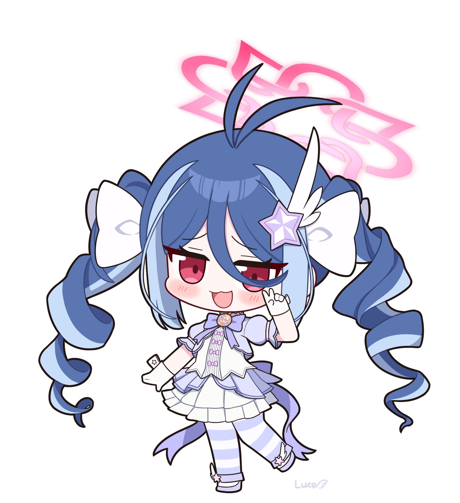 luceee, fubuki (blue archive), reisa (blue archive), reisa (magical) (blue archive), blue archive, commentary, highres, symbol-only commentary, 1girl, :3, :d, antenna hair, aqua hair, artist name, back bow, blue hair, blush, bow, bowtie, chibi, chibi only, cosplay, double-parted bangs, drill hair, full body, gloves, hair between eyes, hair bow, hair ornament, halo, hand up, layered skirt, long hair, long hair between eyes, looking at viewer, multicolored hair, multiple hair bows, open mouth, pantyhose, pink bow, pink halo, puffy short sleeves, puffy sleeves, purple bow, purple bowtie, purple pantyhose, purple shoes, raised inner eyebrows, red eyes, reisa (blue archive) (cosplay), shirt, shoes, short sleeves, sidelocks, signature, simple background, skirt, smile, solo, standing, standing on one leg, star (symbol), star hair ornament, streaked hair, striped clothes, striped pantyhose, twin drills, twintails, two-tone hair, v, white background, white bow, white gloves, white shirt, white skirt, wing hair ornament, winged shoes, wings