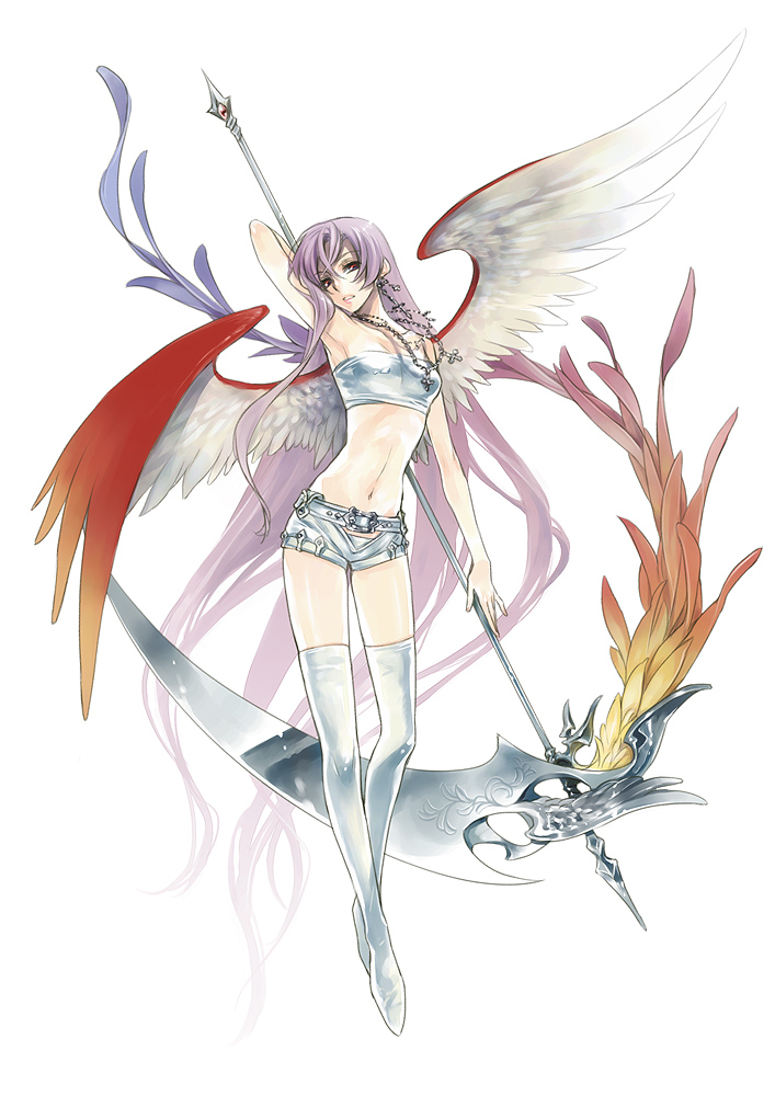 ashi, original, light purple hair, 1girl, arm behind head, armpits, bare shoulders, female focus, jewelry, long hair, midriff, navel, necklace, scythe, shorts, simple background, solo, thighhighs, very long hair, white background, wings