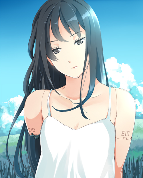 towa (pixiv), original, bad id, bad pixiv id, 1girl, android, black hair, cloud, day, female focus, field, grass, grey eyes, joints, long hair, nature, outdoors, robot joints, sky, solo
