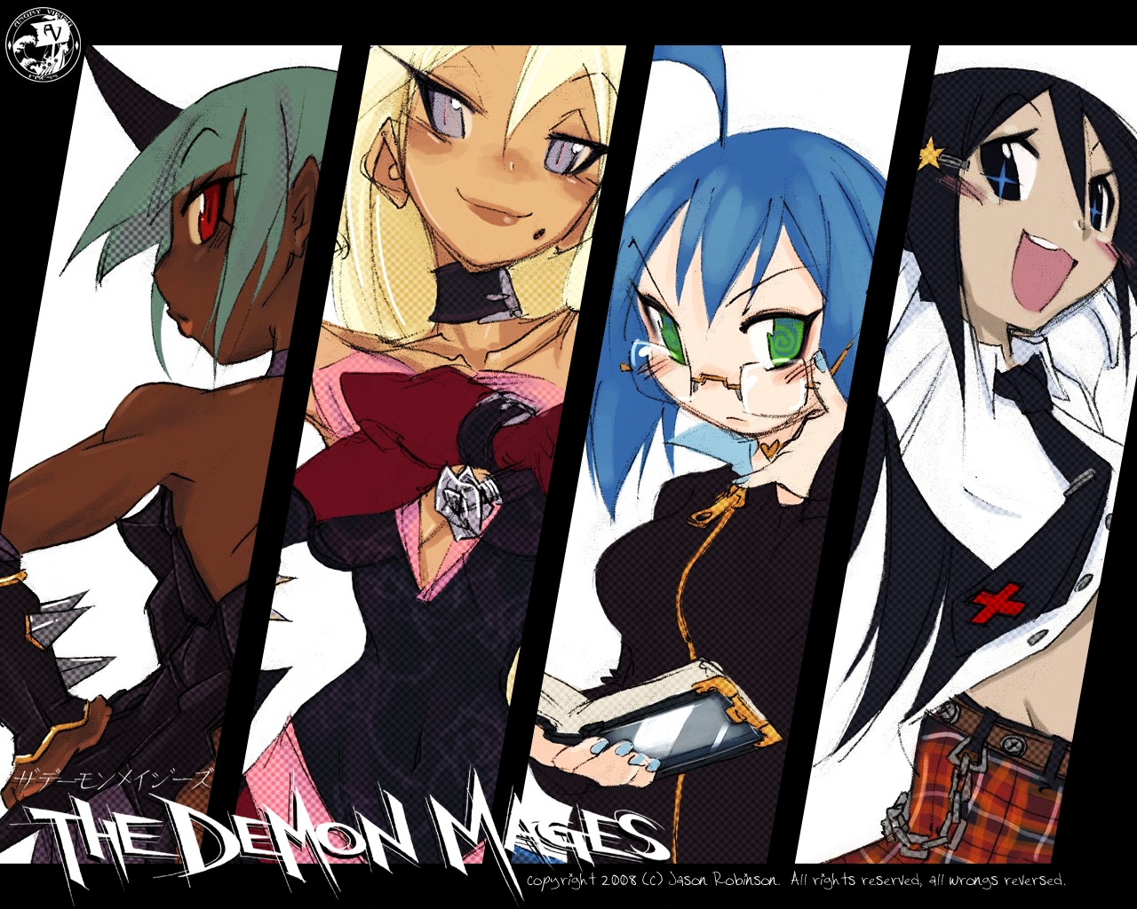 jason robinson, original, bad tag, wallpaper, jpeg artifacts, + +, 4girls, :d, @ @, adjusting glasses, ahoge, al bhed eyes, black hair, blonde hair, blue hair, book, bracelet, choker, column lineup, dark skin, glasses, green eyes, green hair, grey eyes, horns, jewelry, mole, multiple girls, necktie, open mouth, red eyes, signature, slit pupils, smile, spiked bracelet, spikes