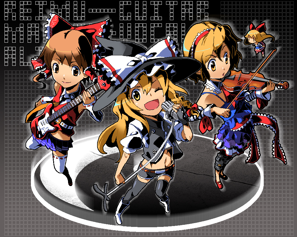 yuuzii, alice margatroid, hakurei reimu, kirisame marisa, shanghai doll, touhou, 3girls, alternate costume, band (music), blonde hair, bow, braid, brown eyes, brown hair, contemporary, detached sleeves, doll, electric guitar, female focus, fender stratocaster, fingerless gloves, gloves, guitar, hair bow, hairband, hat, instrument, japanese clothes, matching shanghai, microphone, microphone stand, midriff, miko, miniskirt, multiple girls, navel, one eye closed, pleated skirt, short hair, shorts, skirt, thighhighs, violin, wink, witch, witch hat, yellow eyes