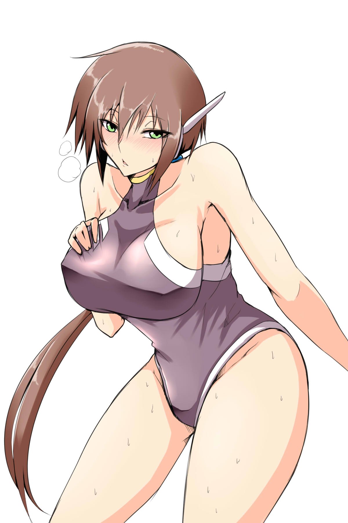 tgxx3300, aile (mega man zx), mega man (series), mega man zx, mega man zx advent, commentary request, highres, 1girl, blush, breasts, brown hair, green eyes, groin, large breasts, long hair, looking at viewer, open mouth, ponytail, robot ears, simple background, solo, sweat, white background