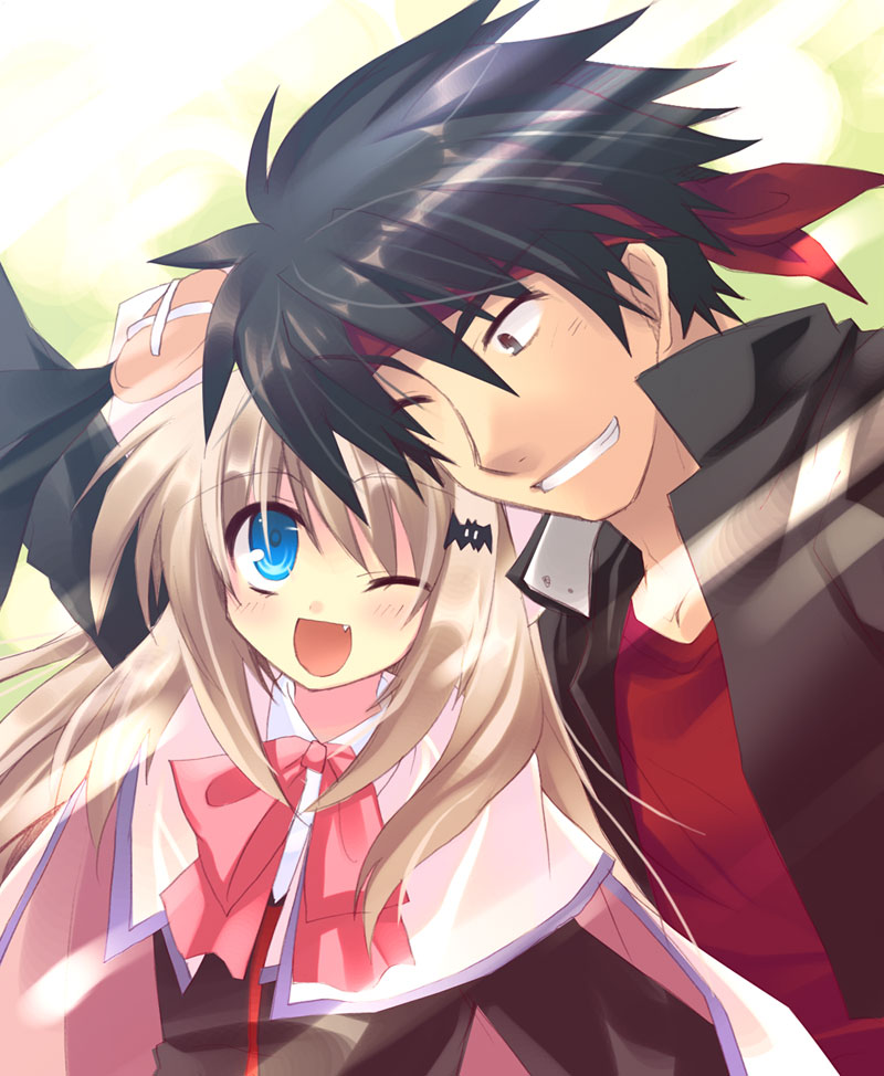 izumi makoto, inohara masato, noumi kudryavka, little busters!, 1boy, 1girl, black hair, blonde hair, blue eyes, bow, cape, fang, grin, hat, headband, long hair, one eye closed, pink bow, school uniform, short hair, smile, wink