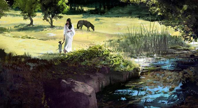 na2, agro, ico (character), mono (shadow of the colossus), wander (shadow of the colossus), ico, shadow of the colossus, spoilers, 1boy, 1girl, aged down, child, crossover, river