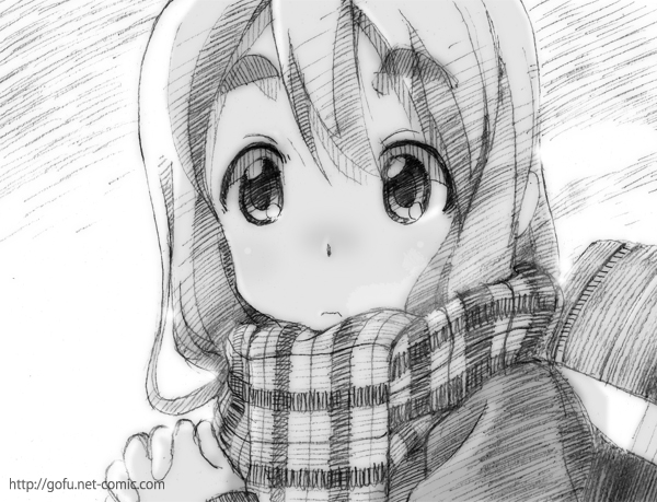 gofu, kotobuki tsumugi, k-on!, eyebrows, traditional media, 00s, 1girl, female focus, greyscale, long hair, monochrome, scarf, sketch, solo, winter clothes