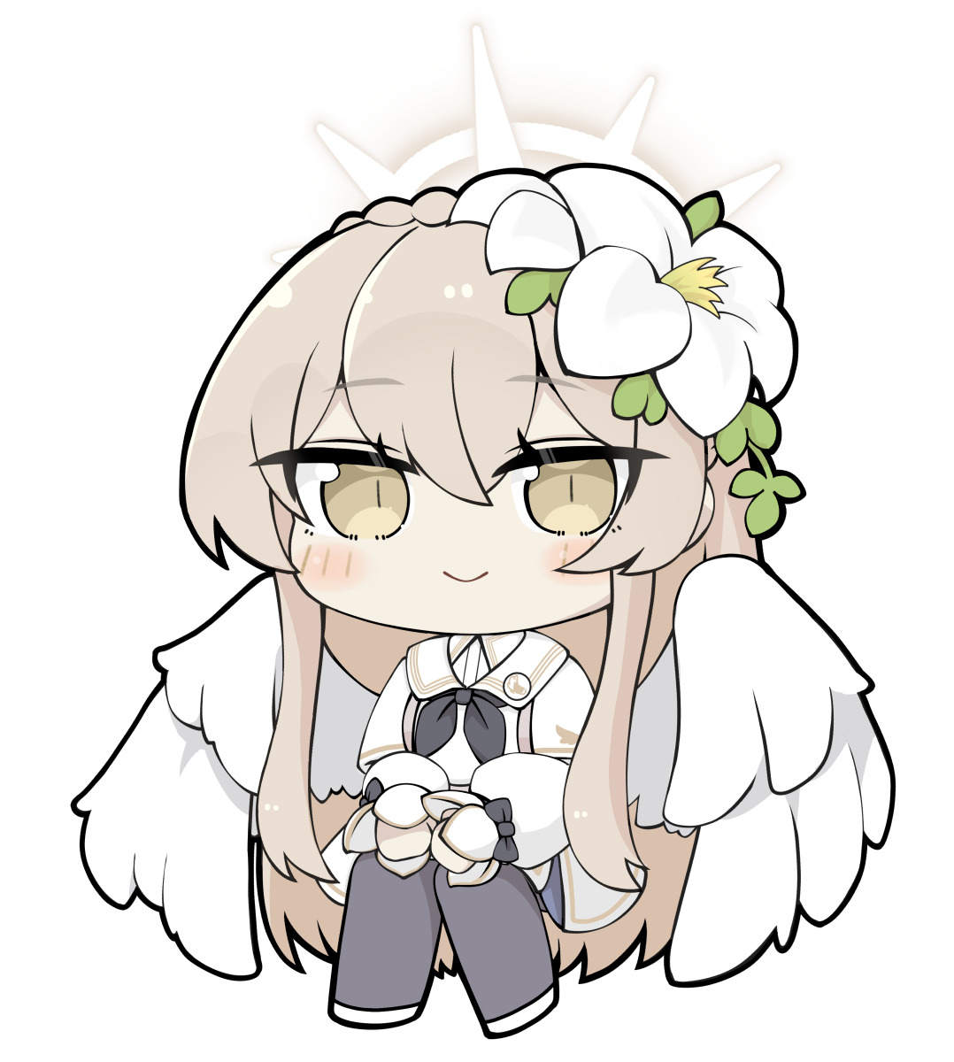miranofuudoria, nagisa (blue archive), blue archive, commentary request, highres, 1girl, black bow, black neckerchief, blush stickers, bow, braid, brown eyes, brown hair, chibi, closed mouth, crown braid, dress, feathered wings, flower, full body, grey pantyhose, hair between eyes, hair flower, hair ornament, halo, knees together feet apart, long hair, long sleeves, looking at viewer, neckerchief, pantyhose, puffy long sleeves, puffy sleeves, shoes, simple background, sitting, sleeves past wrists, smile, solo, very long hair, white background, white dress, white flower, white shoes, white wings, wings