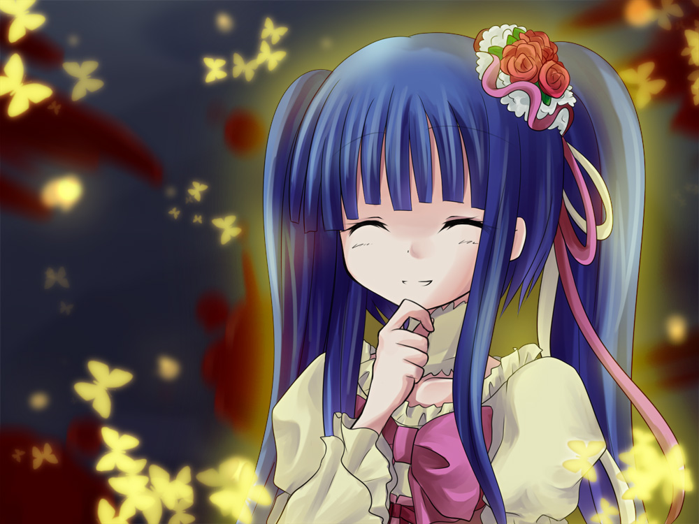 fuuko (konzert), furudo erika, umineko no naku koro ni, 00s, 1girl, blue hair, bow, closed eyes, female focus, pink bow, smile, solo, twintails