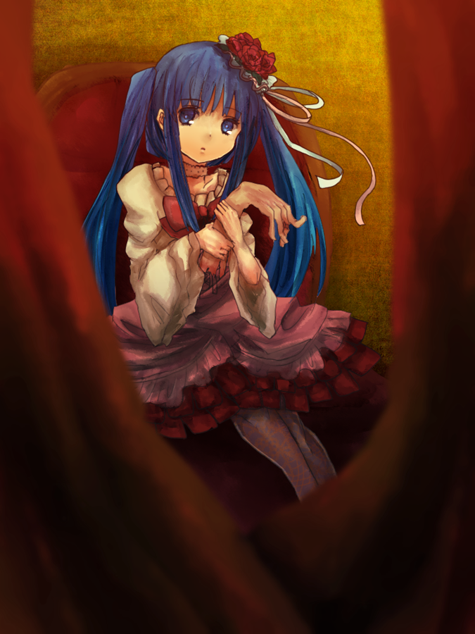 nohoho, furudo erika, umineko no naku koro ni, bad id, bad pixiv id, 00s, 1girl, blue eyes, blue hair, bow, choker, dress, female focus, flower, hair flower, hair ornament, long hair, matching hair/eyes, pantyhose, pink bow, severed hand, severed limb, sitting, solo, twintails