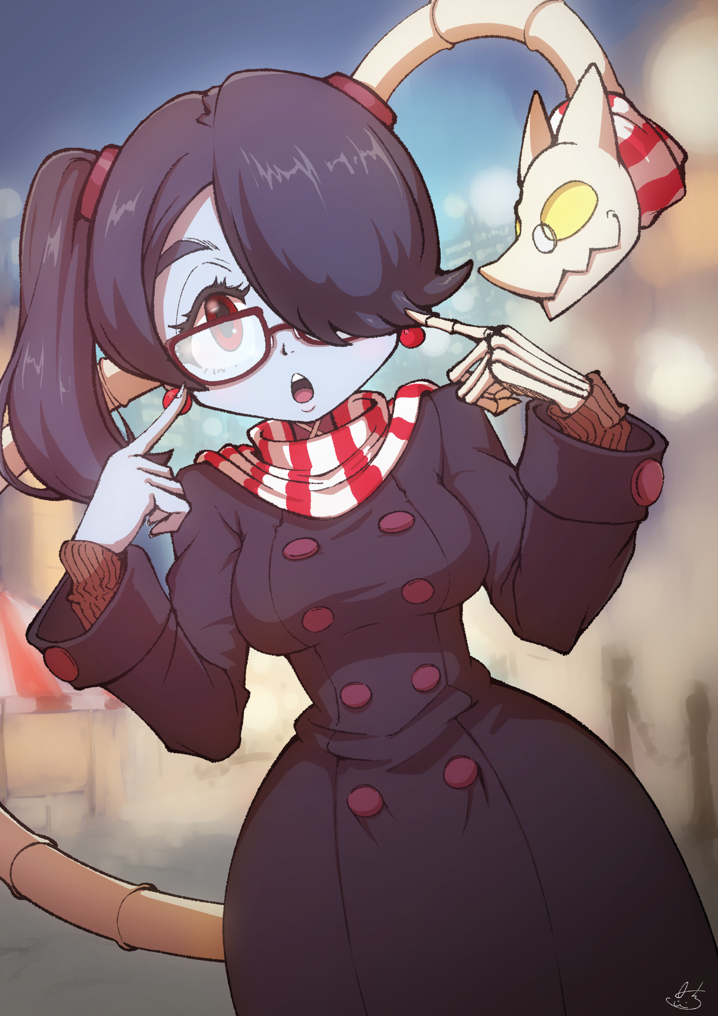 1563ichikorosan, leviathan (skullgirls), squigly (skullgirls), skullgirls, 1girl, alternate costume, blue hair, blue skin, blurry, blurry background, blush, buttons, coat, colored skin, contemporary, double-breasted, dutch angle, earrings, facing viewer, glasses, hair over one eye, half-closed eyes, jewelry, looking at viewer, open mouth, outdoors, pointing, pointing at self, red eyes, scarf, side ponytail, skeletal hand, solo, striped clothes, striped scarf, wide hips, zombie