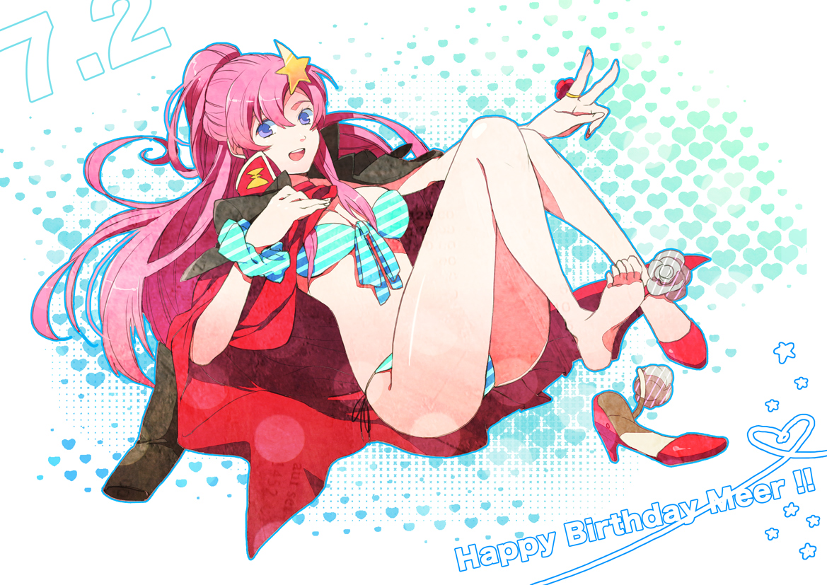 eterno, meer campbell, gundam, gundam seed, gundam seed destiny, bad id, bad pixiv id, 00s, 1girl, barefoot, bikini, blue eyes, feet, female focus, front-tie top, hair ornament, happy birthday, legs, long hair, open clothes, open shirt, pink hair, shirt, shoes, side-tie bikini bottom, single shoe, solo, star (symbol), star hair ornament, striped bikini, striped clothes, swimsuit, v