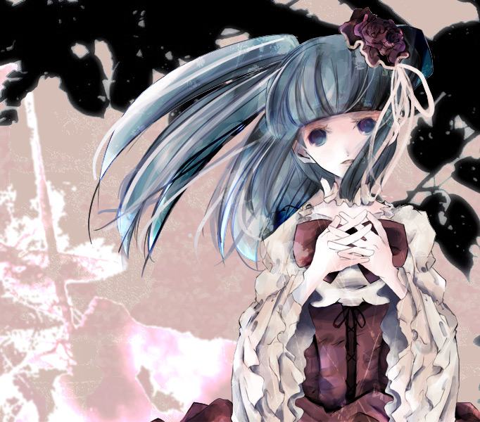 toukoku sasaiko, furudo erika, umineko no naku koro ni, bad id, bad pixiv id, 00s, blue eyes, blue hair, choker, flower, hair flower, hair ornament, solo, twintails