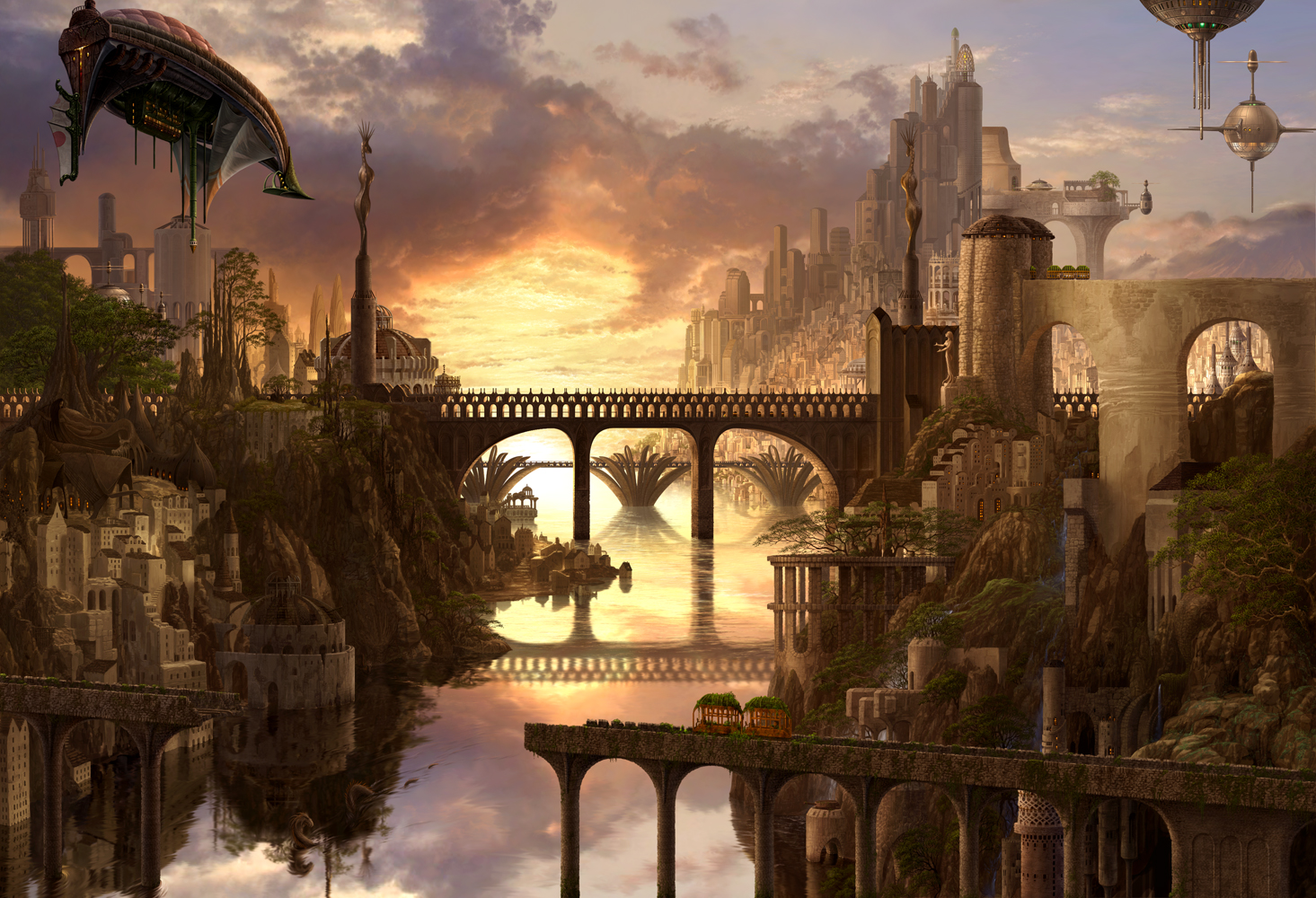 kazumasa uchio, uchio kazumasa, original, aircraft, airship, arch, architecture, bridge, city, cloud, creature, fantasy, flying, grand scale, landscape, no humans, reflection, scenery, sunset, water