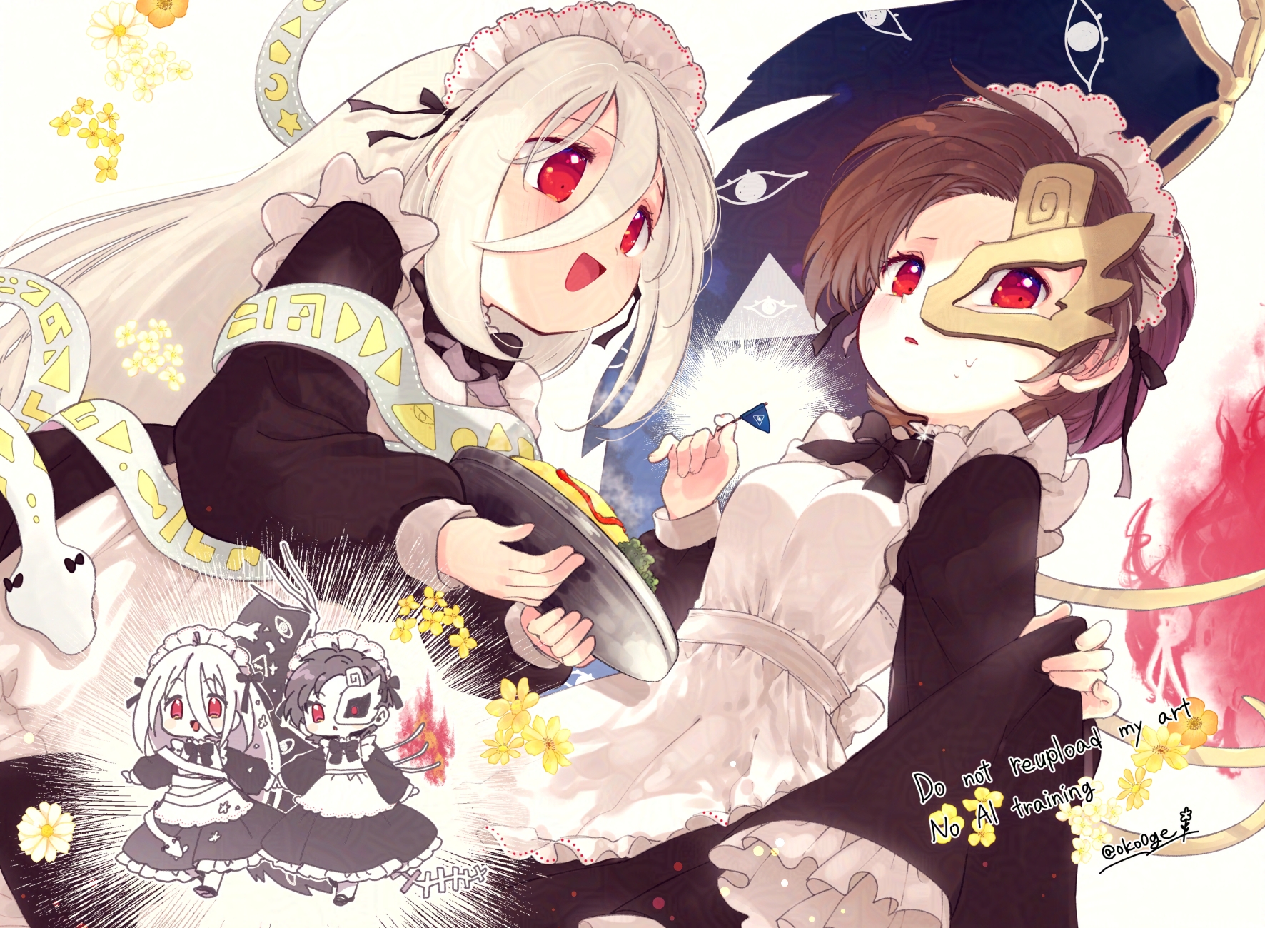 biyon, iwanaga ariya, yuiman asama, touhou, commentary request, highres, 2girls, alternate costume, apron, asymmetrical wings, black bow, black bowtie, black dress, blush, bow, bowtie, breasts, brown hair, brown mask, dress, enmaided, eye print, fiery wings, flower, food, grey hair, half mask, holding, holding hands, long hair, long sleeves, maid, maid apron, maid headdress, mask, mask over one eye, multiple girls, omelet, omurice, open mouth, red eyes, ribbon around body, short hair, skeletal wings, skirt hold, smile, twitter username, very long hair, watermark, white apron, white flower, wings, yellow flower