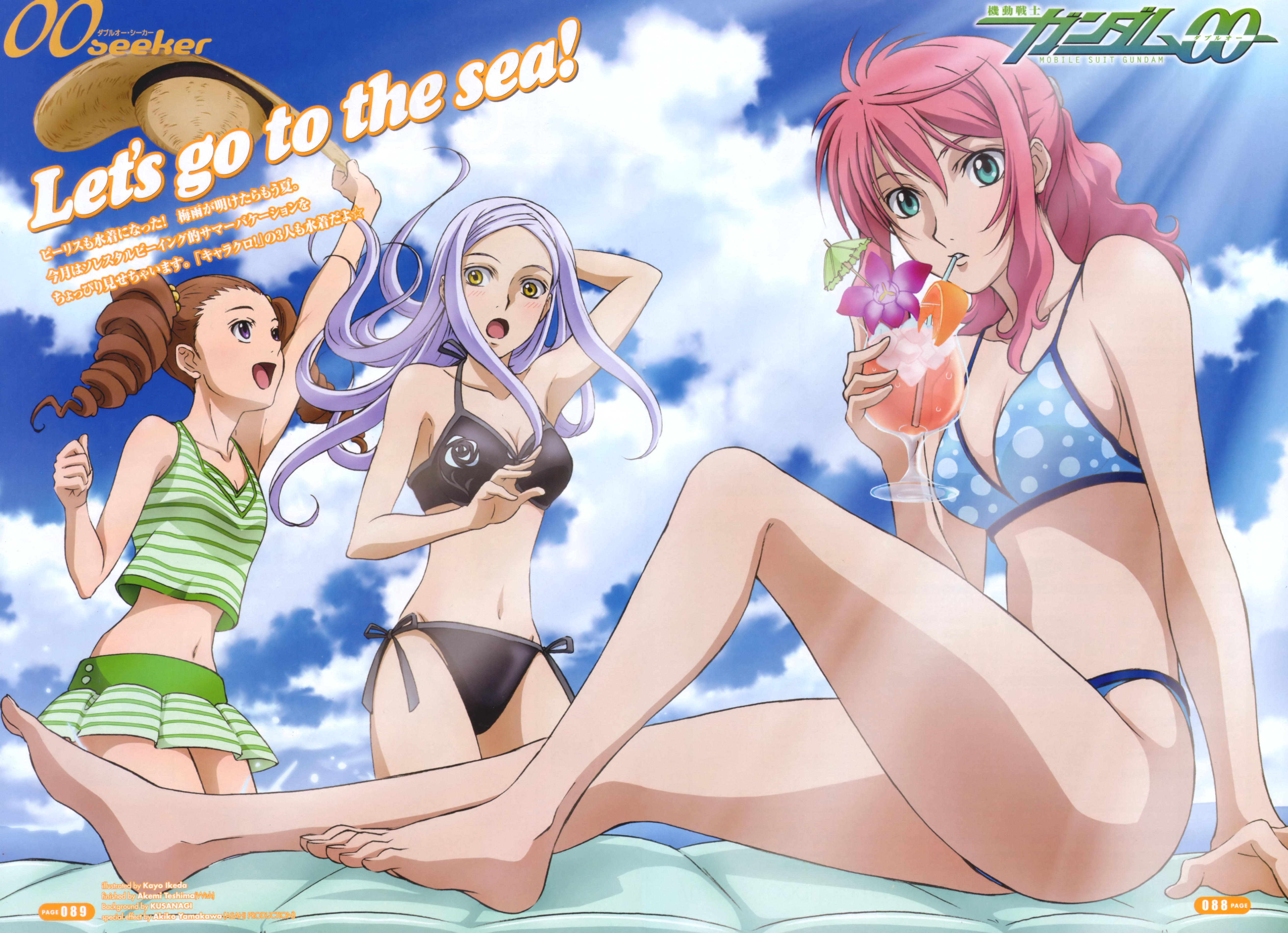 ikeda kayo, feldt grace, mileina vashti, soma peries, gundam, gundam 00, light purple hair, silver hair, absurdres, highres, official art, scan, 00s, 3girls, aqua eyes, barefoot, bikini, blush, breasts, cleavage, cloud, copyright logo, day, drill hair, drink, feet, hat, large breasts, logo, long hair, midriff, multiple girls, open mouth, pink hair, polka dot, polka dot bikini, polka dot swimsuit, purple eyes, short hair, side-tie bikini bottom, sitting, sky, straw hat, striped bikini, striped clothes, swimsuit, tankini, text focus, twintails, yellow eyes