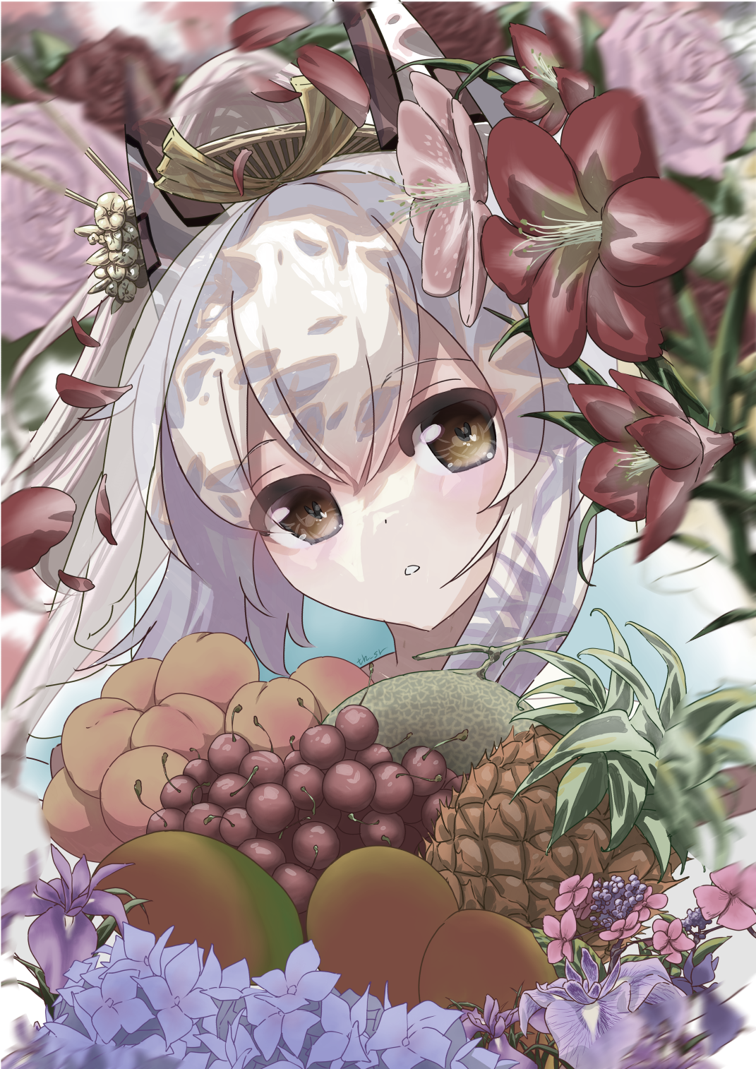 sawada takiguchi, ayanami (azur lane), azur lane, commentary request, highres, partial commentary, 1girl, blonde hair, blush, cherry, expressionless, flower, food, fruit, hair between eyes, headgear, long hair, looking at viewer, mango, parted lips, pineapple, pink flower, ponytail, purple flower, red flower, solo, upper body, very long hair, yellow eyes