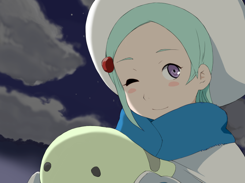ta (tama20150125), eureka (eureka seven), nirvash, eureka seven, eureka seven: pocket ga niji de ippai, eureka seven (series), 00s, aqua hair, cloud, gloves, hat, one eye closed, purple eyes, wink