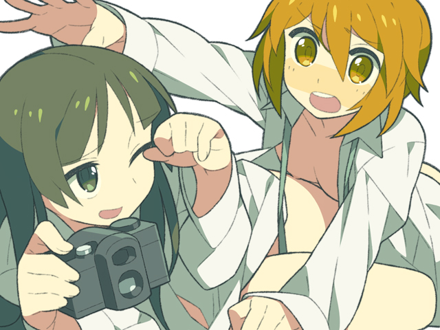 itsumo nokoru, akiyama mio, tainaka ritsu, k-on!, 00s, 2girls, alternate hairstyle, black eyes, black hair, breasts, brown eyes, brown hair, camera, dress shirt, hair down, long hair, multiple girls, nipples, open clothes, open shirt, shirt, small breasts, tomboy, yuri