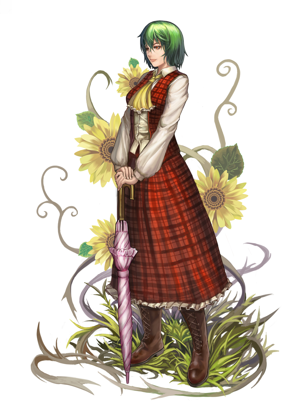 lieqi hun, kazami yuuka, touhou, bad id, bad pixiv id, highres, 1girl, ascot, boots, closed umbrella, female focus, floral background, flower, full body, grass, green hair, hands on hilt, lace-up boots, lips, plaid clothes, plaid skirt, plaid vest, planted, planted umbrella, realistic, red eyes, short hair, simple background, skirt, skirt set, solo, standing, sunflower, umbrella, vest