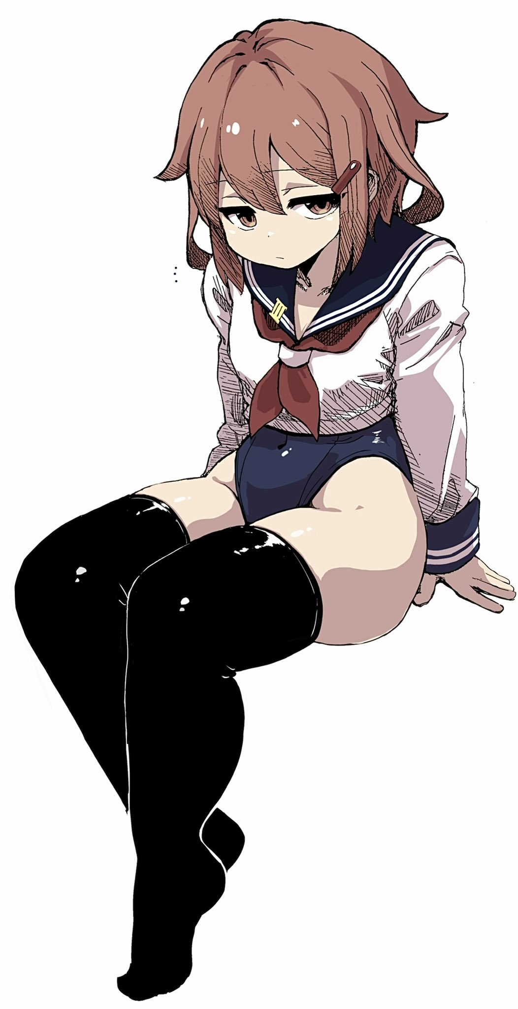 unagiman, ikazuchi (kancolle), kantai collection, highres, …, 1girl, black one-piece swimsuit, black thighhighs, blue sailor collar, brown eyes, brown hair, hair ornament, hairclip, long sleeves, looking at viewer, neckerchief, new school swimsuit, one-piece swimsuit, sailor collar, school swimsuit, school uniform, serasuku, short hair, sitting, solo, swimsuit, swimsuit under clothes, thighhighs