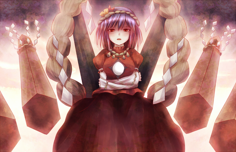 non (nobu), yasaka kanako, touhou, 1girl, blue hair, female focus, looking down, onbashira, red eyes, rope, shide, shimenawa, short hair, solo